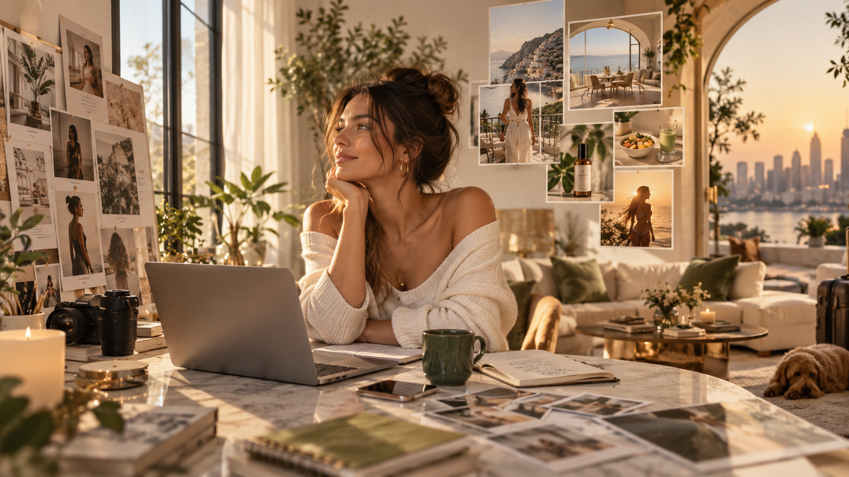 Creator planning AI content in a bright editorial studio with dream-life visuals forming around her